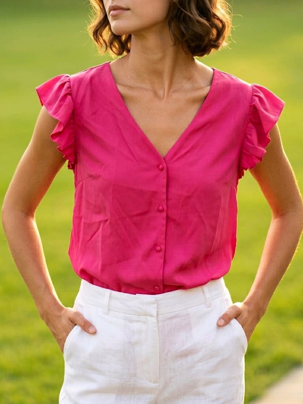 Fuchsia Pink Ruffle Cap Sleeve V-Neck Button Up Blouse Top Womens Sz Large SHEIN